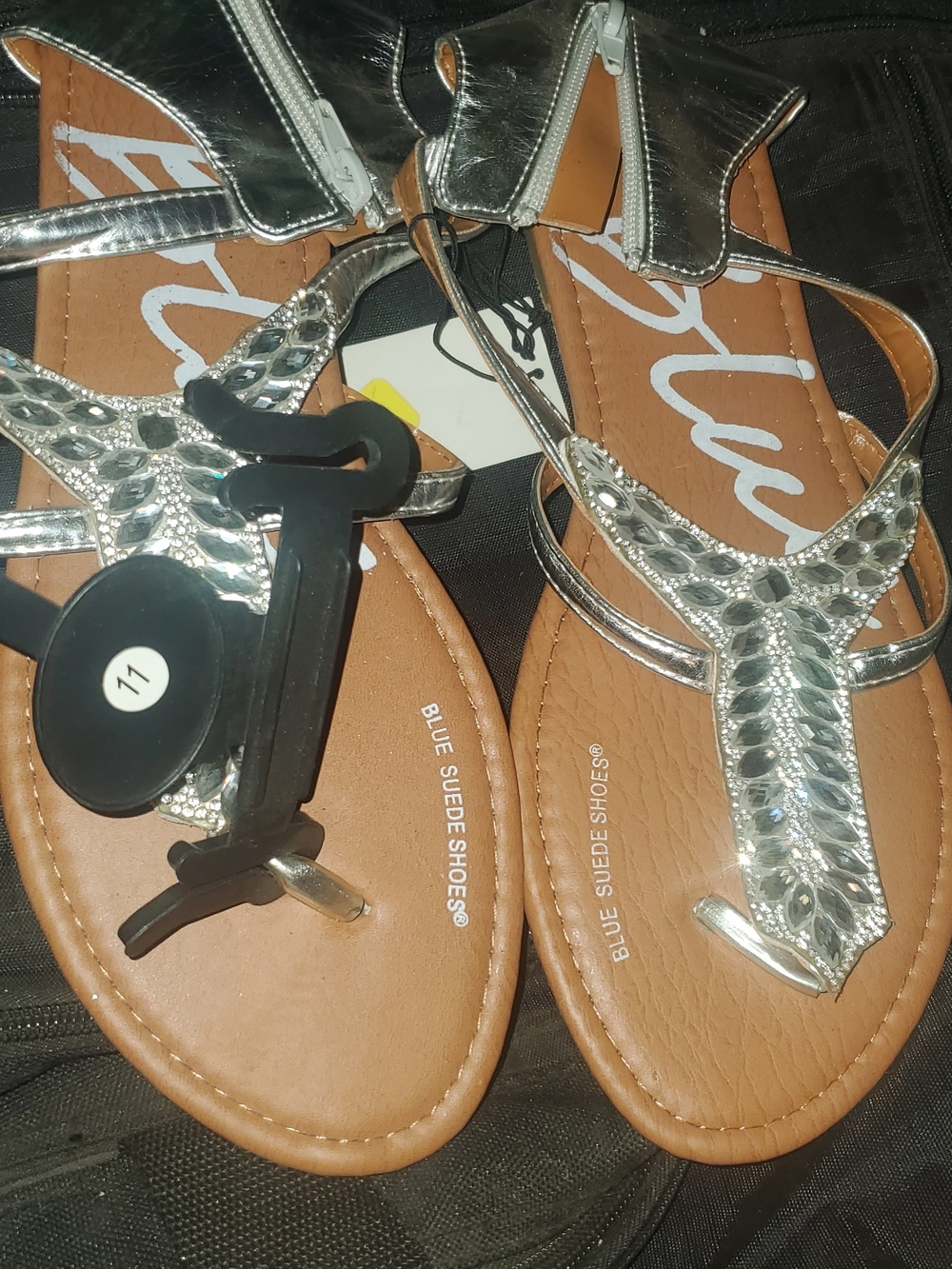 Blue Suede Shoes Silver Jeweled T-Strap Sandals for Women